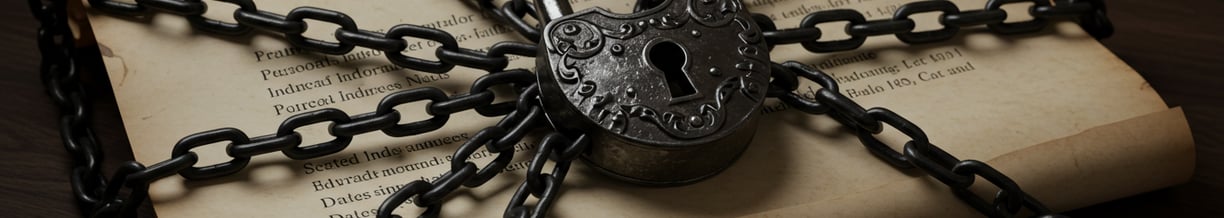 Lock and chains wrapped around a bundles of documents. Generated by Imagen 3