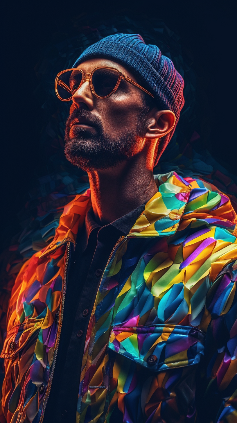 a man with a colorful jacket and sunglasses