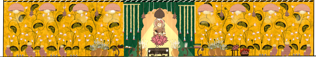 Floating marigold rangoli in shape of Goddess eyes behind wedding throne