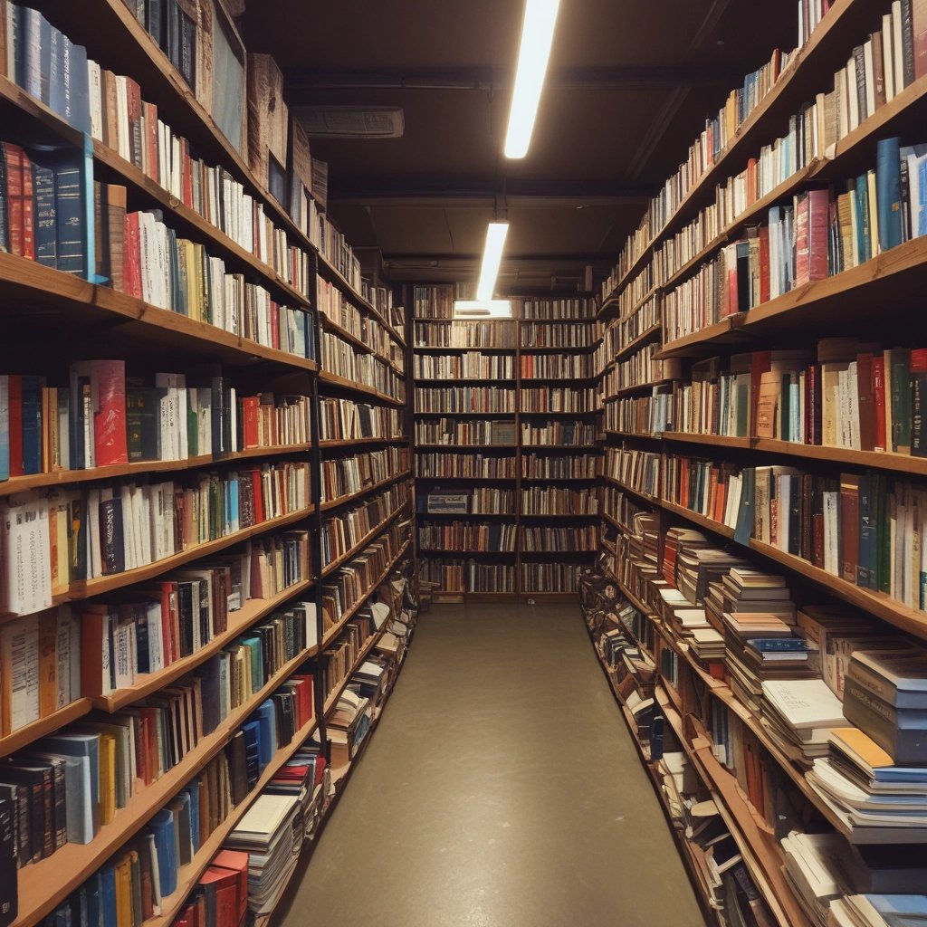 A black tablecloth with the words 'PRODUCT SCHOOL' covers a rectangular table. Stacks of books are neatly arranged on the left side of the table, while several papers with pens are laid out on the right. The backdrop features an industrial-style brick wall, and a plant can be seen to the side of the table.
