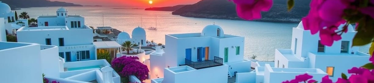 "Stunning view of Milos Island hotels, featuring a mix of traditional whitewashed architecture and m