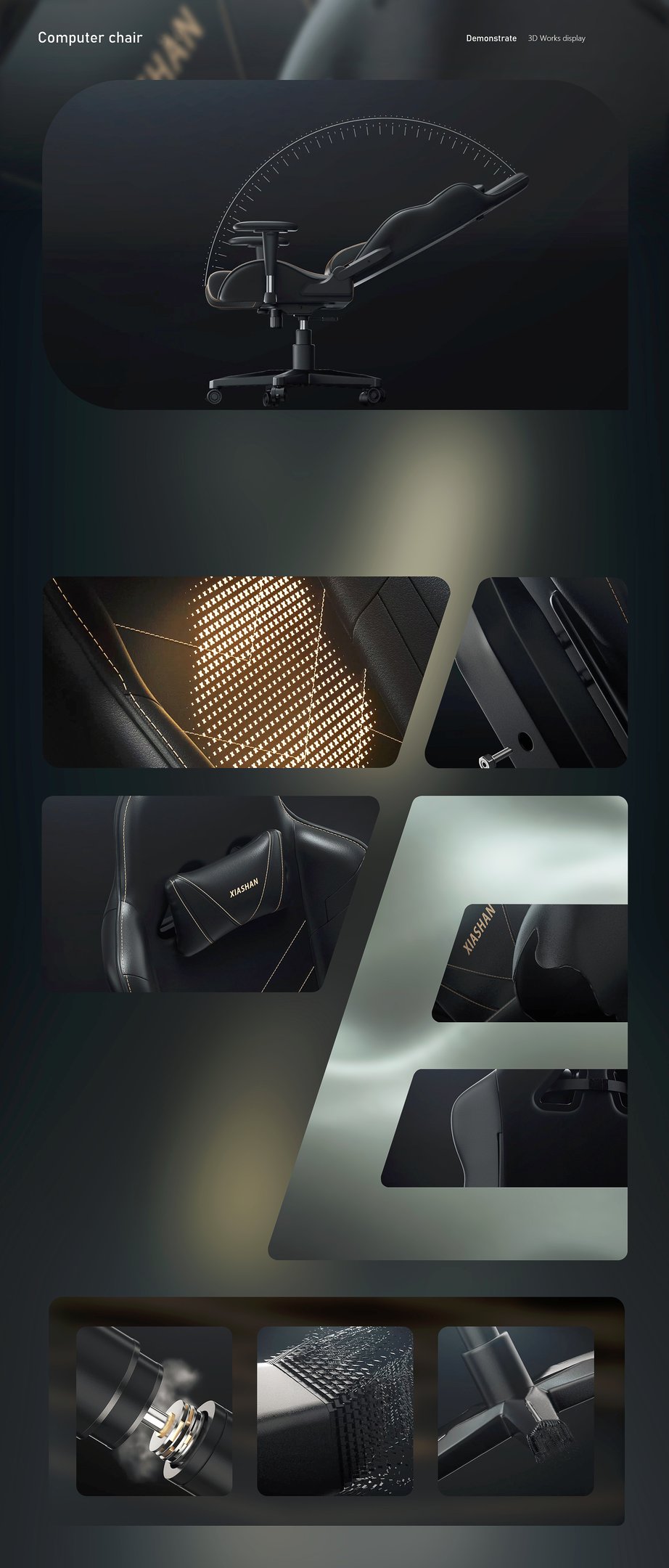 3D marketing design of a computer gaming chair with detailed textures and showcasing expertise.