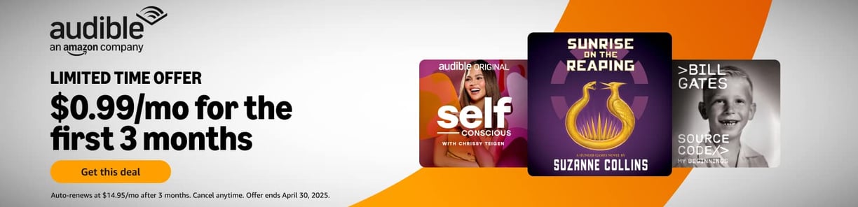 Amazon Audible logo. Limited time offer first 3 months free. Amazon audiobooks, music and podcast