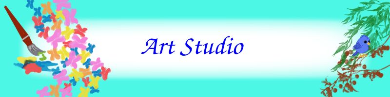 Art Studio header with a brush, flowers and a blue bird.