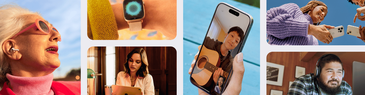 a collage of photos of a woman with a cell phone