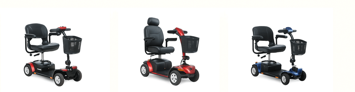 Three types of mobility scooters for rent: a compact travel scooter, a robust long-range model, and 