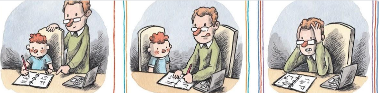 Three-panel cartoon showing a father's increasing frustration while helping his child with math home
