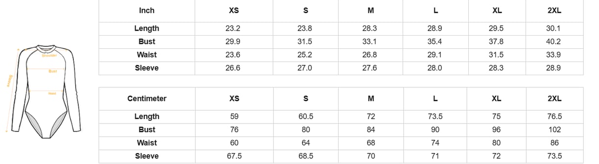 womens body suit size chart