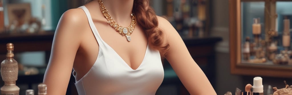 a woman in a white dress sitting at a table with a lot of makeup products