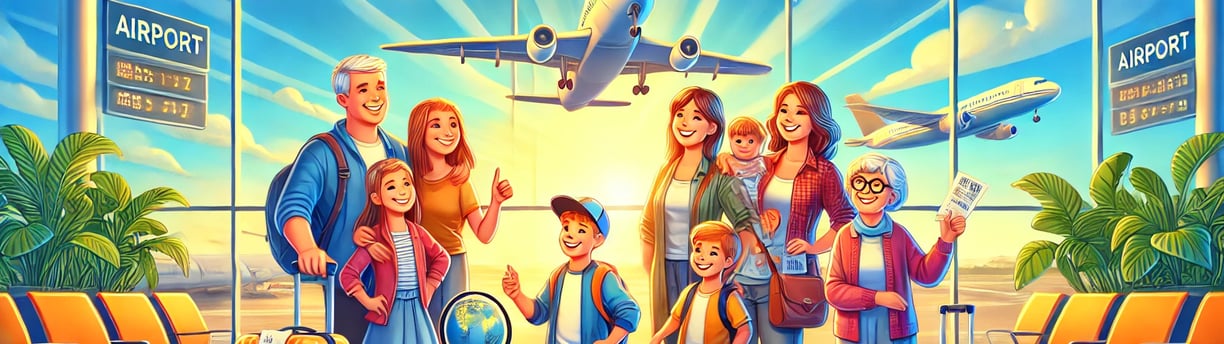 a family of four people standing in front of a plane