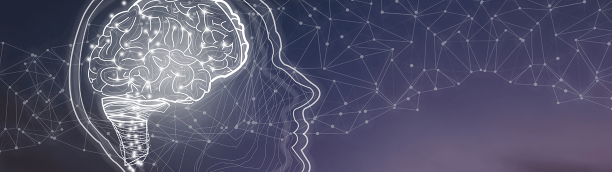 a stylized white line graphic of a head in profile with a glowing brain inside