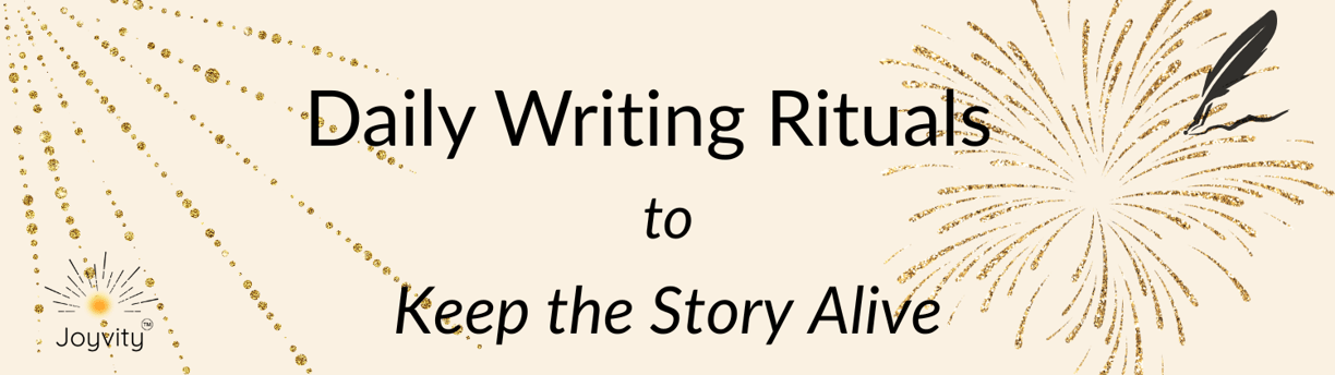 banner for daily writing rituals with images of fireworks in gold specs and gold splatter