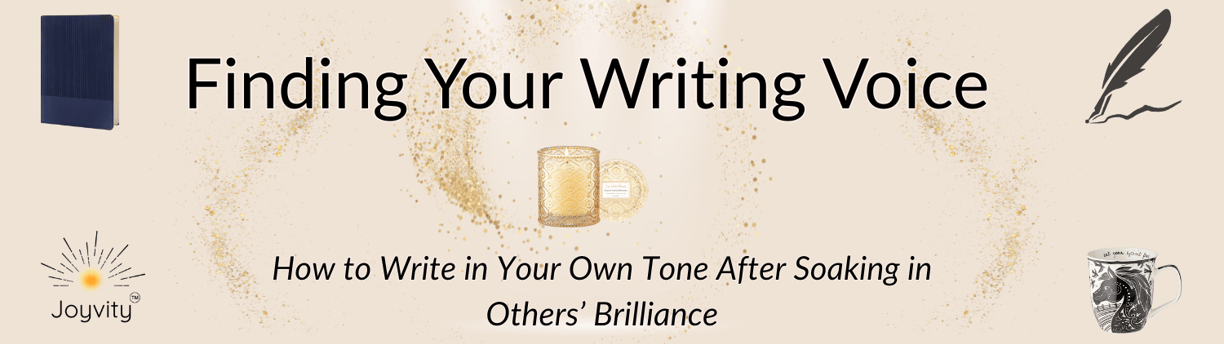 Banner for blog “Finding Your Writing Voice” with journal, candle, pen, and mug.