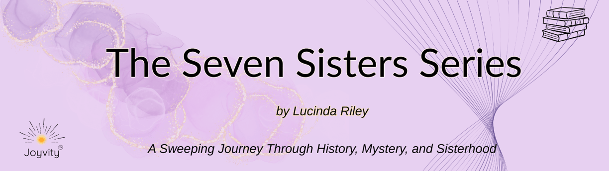 The Seven Sisters Series, light purple background with soft gold sparkles, abstract floral textures,
