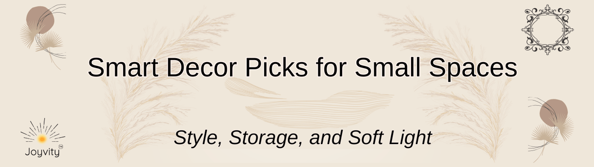 Joyvity banner with text “Smart Decor Picks for Small Spaces” and soft neutral design.