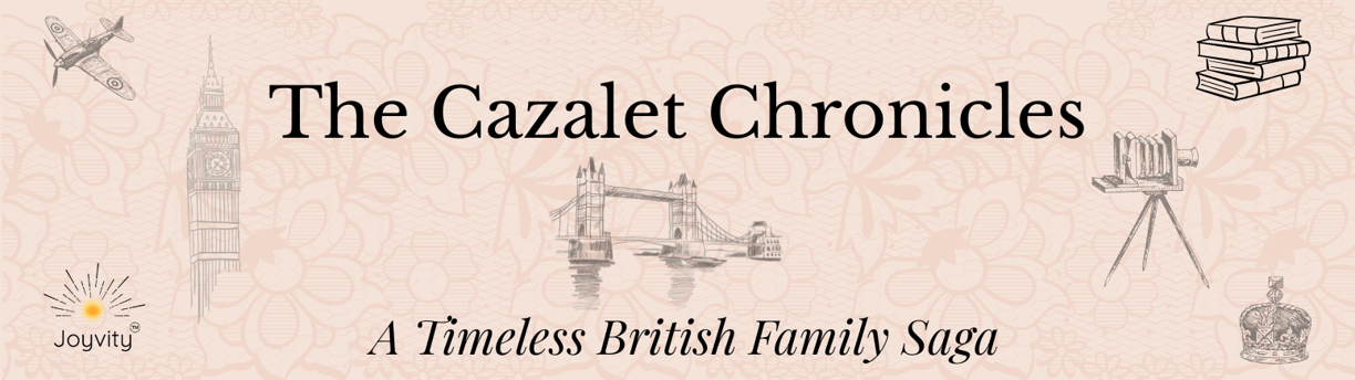 Vintage banner for “The Cazalet Chronicles” with British icons and floral background.