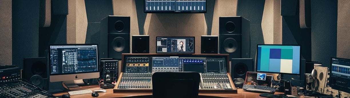a desk with a monitor, monitor, and monitor screen