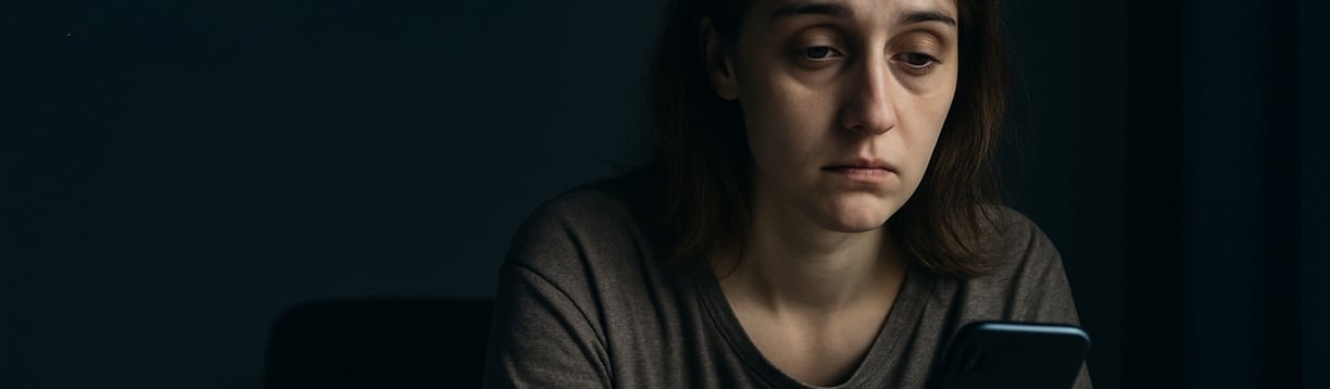 Tired woman holding her smartphone with dark circles and slouched posture, symbolizing hidden phone health dangers in 2025.