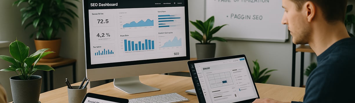 Hombre analizando panel de control de SEO en un ordenador con gráficos de rendimiento y visibilidad