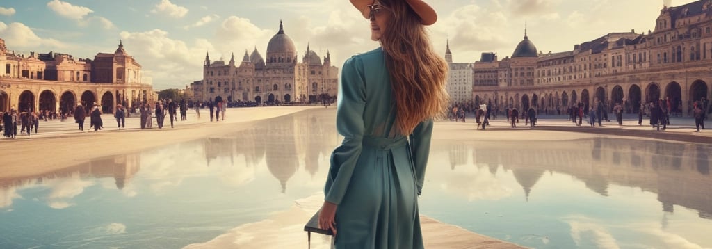 a woman in a hat and a suitcase