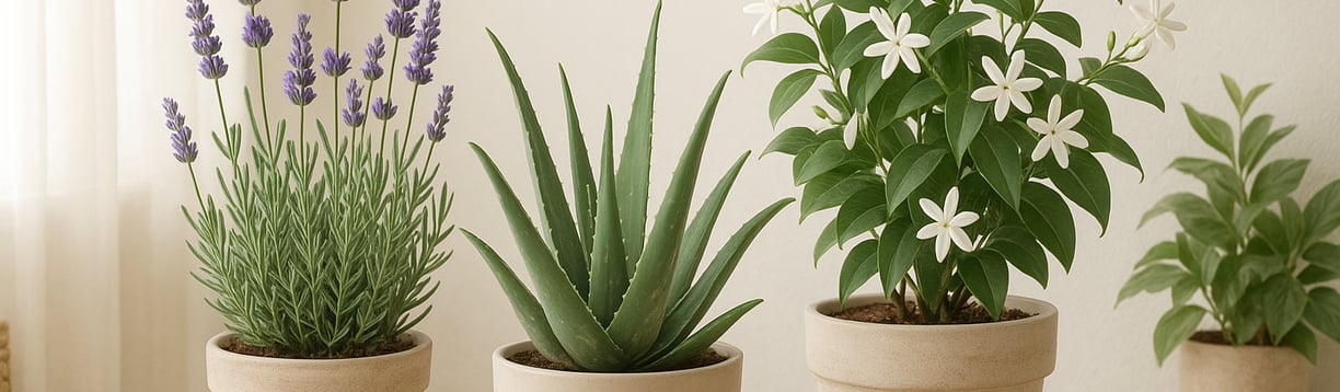 Image showing popular anti-stress plants (lavender, aloe vera, jasmine) arranged in a bright, zen-like home interior.