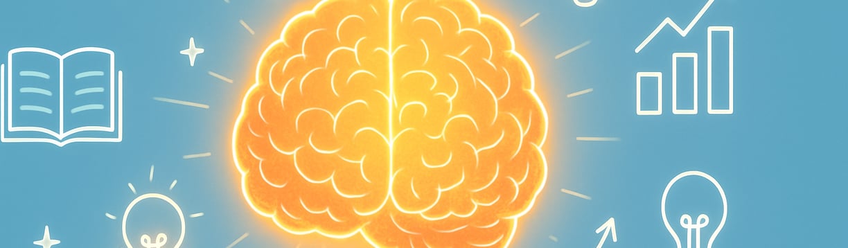 Illustration of a glowing brain surrounded by icons like books, lightbulbs, and rising arrows, symbolizing fast memory improv