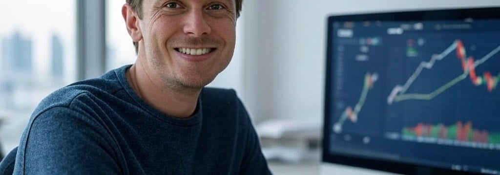 Smiling freelancer in front of a screen showing rising charts, symbolizing fast income growth.