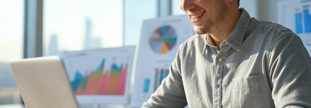 Illustration of a smiling freelancer at a laptop with rising income charts in 2025.