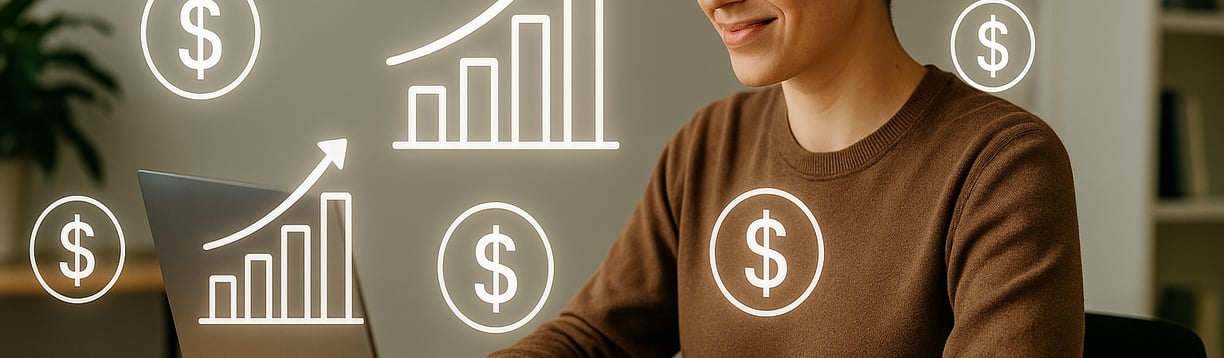 Illustration of a person sitting at a desk with a laptop and money bills floating around, representing multiple income stream