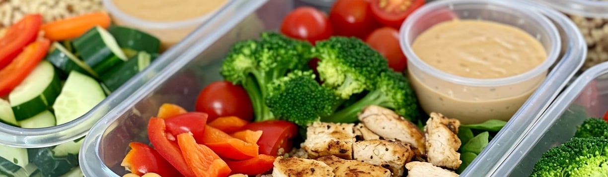 A close-up, high-angle shot shows multiple clear, rectangular meal prep containers stacked on top of each other. Each contain