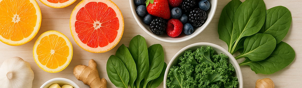 Colorful selection of vitamin-rich foods to strengthen the immune system.