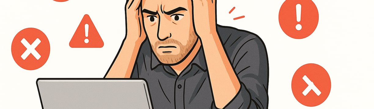 Illustration of a stressed entrepreneur at his laptop, surrounded by red error icons and crosses, symbolizing online business