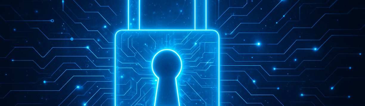 Illustration of a blue digital padlock on a dark background with a virtual network, representing personal data protection.