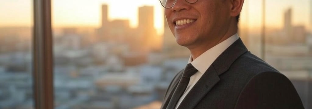 Confident entrepreneur at sunrise, representing success psychology and winner’s mindset