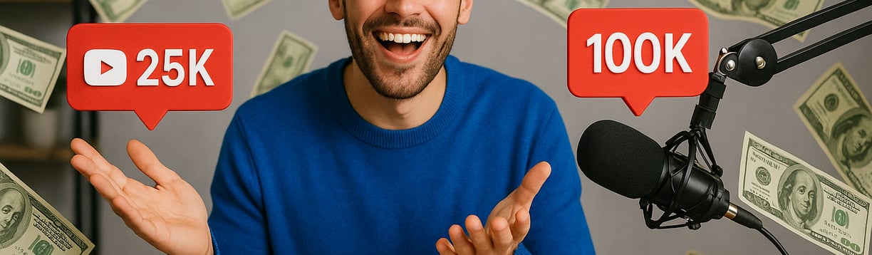 Illustration of a happy YouTube creator in front of a screen with floating dollars, symbolizing fast monetization and passive