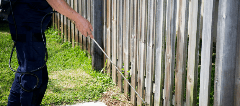 A man is spraying pesticide outdoors near a wooden fence. 