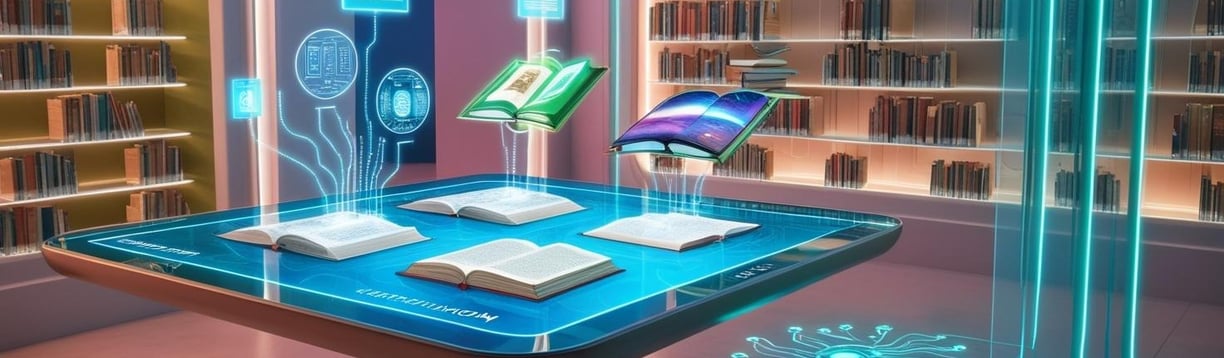 Futuristic tech library where human intelligence connects with digital knowledge