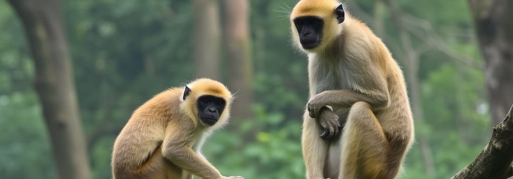 two monkeys sitting on a tree branch in a forest