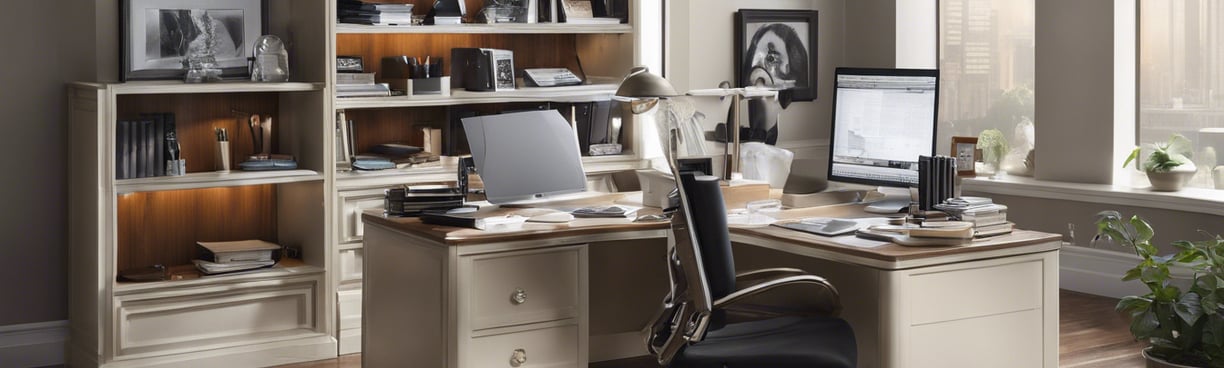 a desk with a computer and a laptop