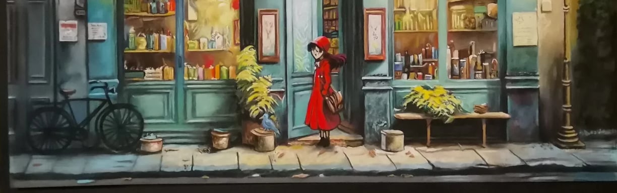 a painting of a woman in a red coat, design htcreation