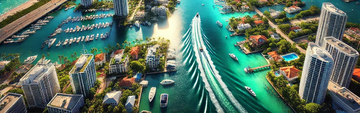 a boat traveling down a river in a city