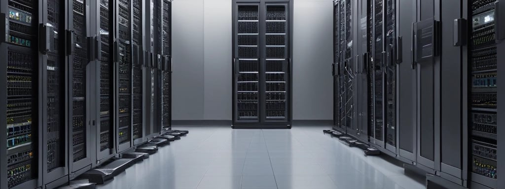 A close-up view of a network server or data center with numerous cables and connections. Orange cables are neatly arranged in the foreground, while various ports and connectors are visible in the background.