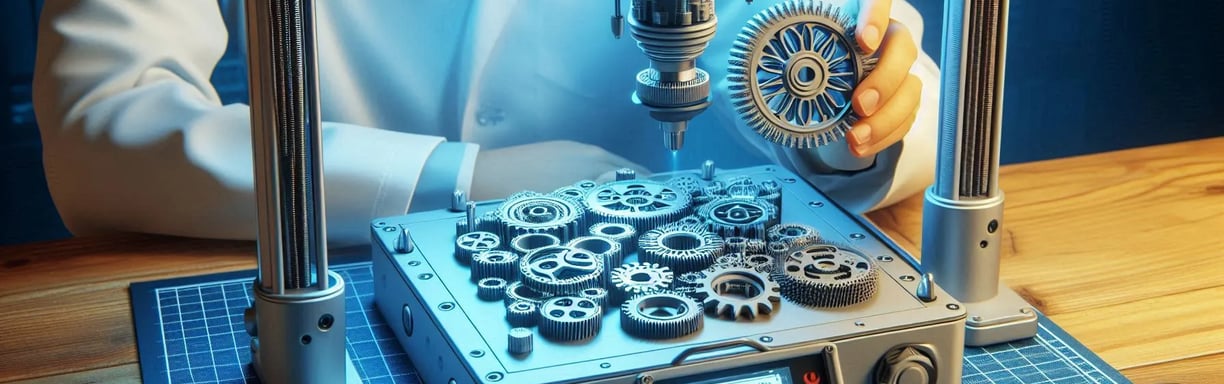 WIKXY Grey coloured, taylormade 3D printed gears on the 3D printer's table. Available at WIKXY 3D Printing in Stoke-on-Trent.