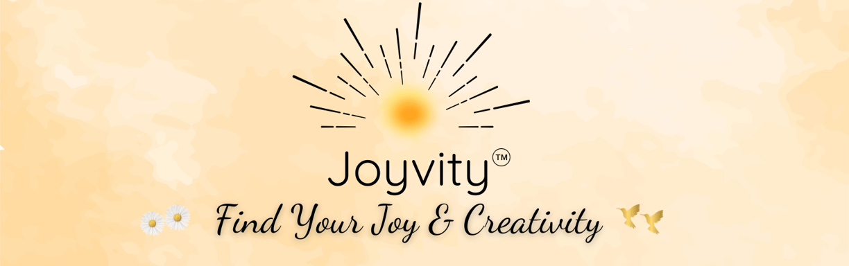 a yellow sunburst with hummingbirds and daisy on each side of "find your joy & creativity"