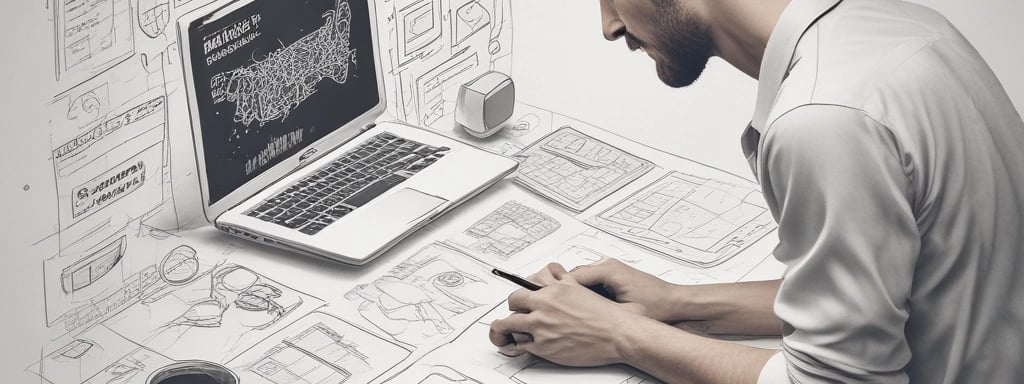 A well-organized workspace featuring a laptop, a potted plant, design sketches, and writing tools. The sketches appear to be wireframes for a 'Shopping Gift Voucher' application or website, drawn on white paper with annotations.