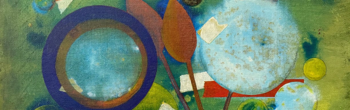 Titled: Dandelions - Abstract Multimedia painting in Blues, Browns, and Greens.