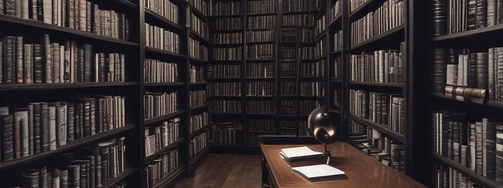 A well-organized library archive with tall wooden shelves filled with drawers and books. Rolling ladders are positioned for access to the upper shelves, which are primarily stocked with bound volumes in assorted colors, predominantly reds and browns.