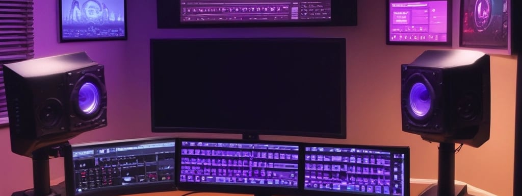 A computer screen displaying video editing software with a timeline view. The timeline includes clips, audio tracks, and a toolbar with options for cutting and editing. The background is dark, emphasizing the software interface.