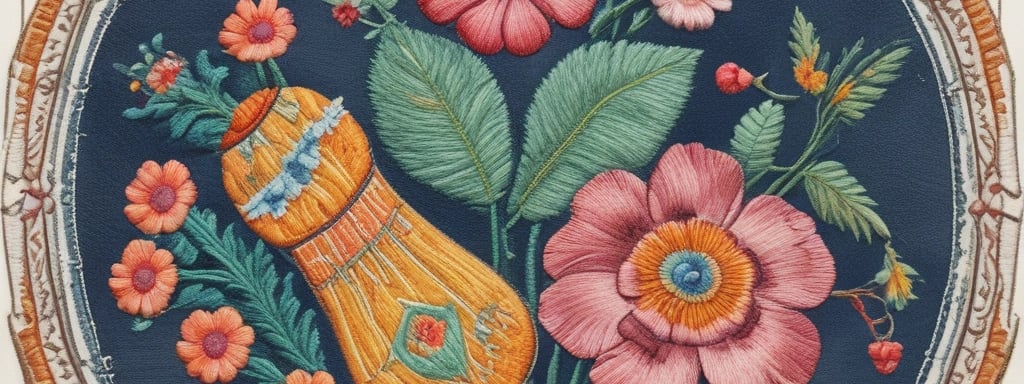 A detailed close-up of a colorful embroidered pattern featuring geometric shapes. The design includes vibrant reds, blues, and soft pinks, outlined with black stitching on a light fabric background. The texture of the embroidery is prominently visible, showing fine details of the individual threads.