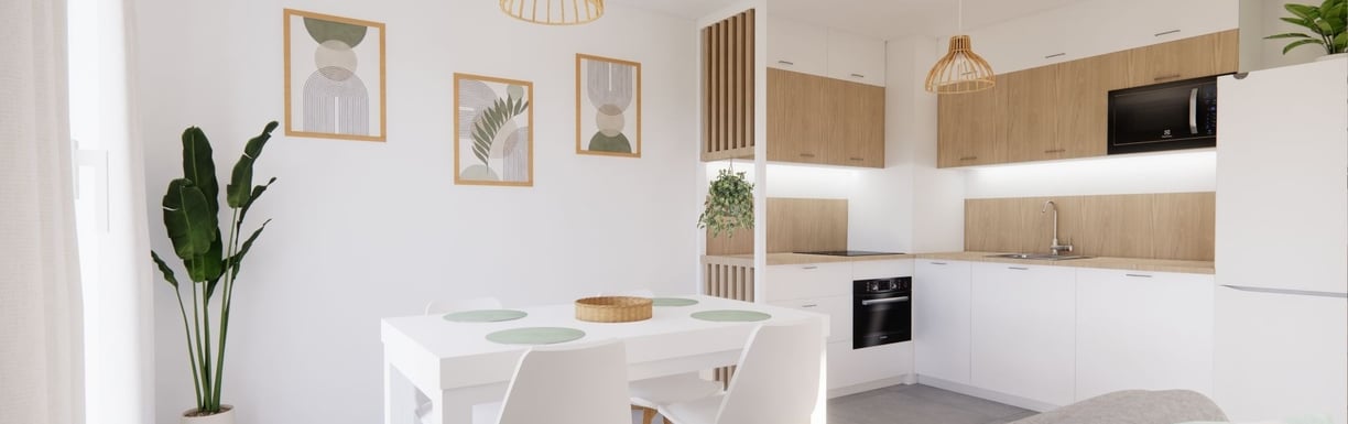 Cuisine blanche et bois cadre déco et plante